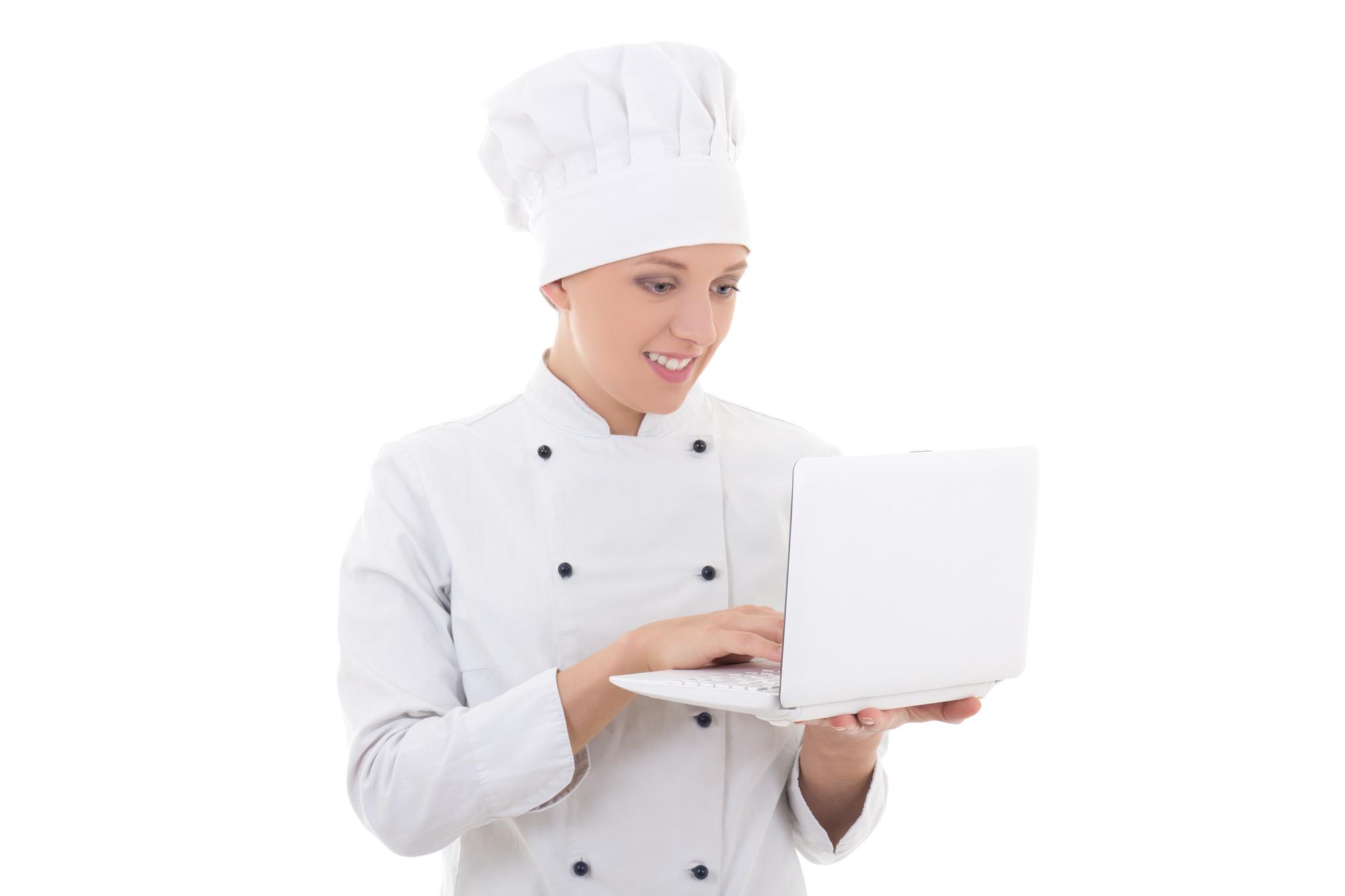 Chef demonstrating a recipe via laptop